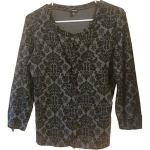 Rafaella ~  Gray button  up sweater with Black Swirl Design ~Goth Core ~Medium‎